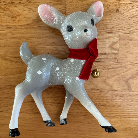 Retro Gray Blue Christmas Deer Glitter Red Bow 10" - Picture 2 of 12
